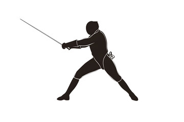 Black silhouette of a fencing sports person. Fencer flat illustration isolated on white background