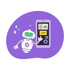 AI Robot assistant points at smartphone. Artificial Intelligence Data Analytics and Virtual Assistant. Business and Education Concept. Isolated vector illustration.
