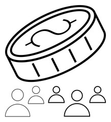Oversized coin with dollar symbol floating above six abstract human figures. Ideal for finance, crowdfunding, teamwork, investments, savings, group funding, donations. Abstract line flat metaphor