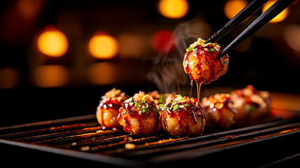 Japanese Takoyaki octopus balls, drizzled with sauces and bonito flakes in a bustling Osaka street food stall, [Asian snacks, vibrant energy]