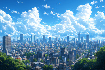 Naklejka premium Bright Blue Sky and Modern Skyline in Anime Background Style