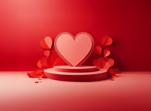 A  large heart sits on a two-tiered pedestal against a red backdrop, surrounded by smaller hearts.  Romantic and celebratory, perfect for Valentine's Day.