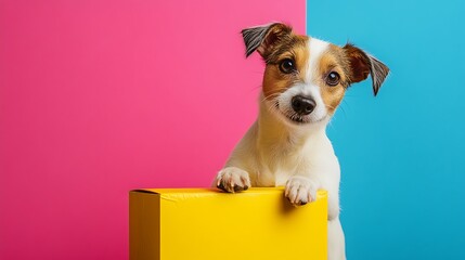 With a isolated colorful backdrop a cute and inquisitive dog detects a yellow package