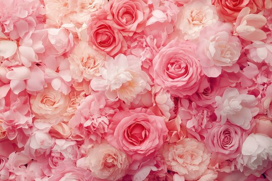 A blooming background of roses and peonies intertwined, creating a seamless floral design in soft pink tones.
