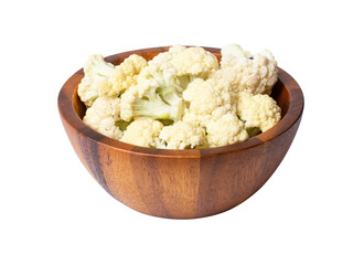 Cauliflower in wooden bowl isolated