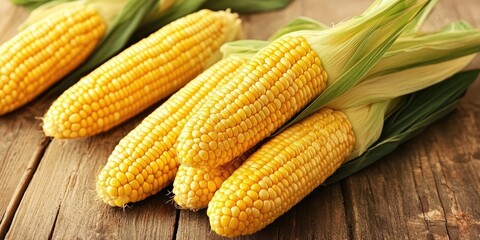 Fresh yellow corn cobs laid on a rustic wooden table with green husks surrounding them creating a vibrant agricultural display.