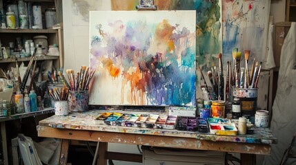 A vibrant watercolor painting setup with brushes and paints on a canvas