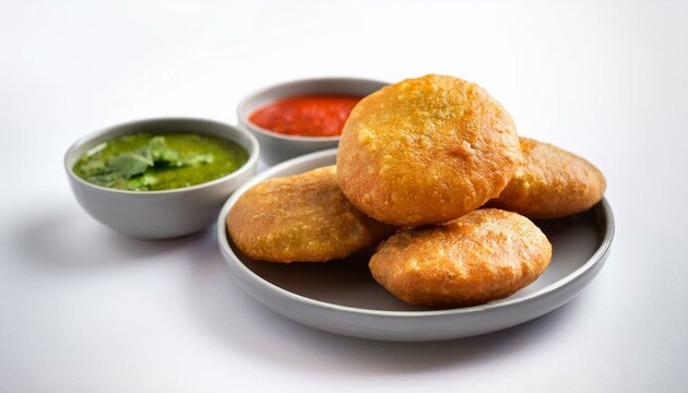 Indian traditional dish kachori with chutney on white background