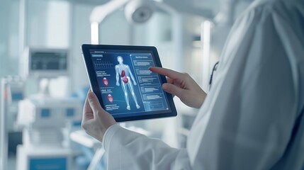 Doctor analyzing patient data on a tablet in a modern medical facility