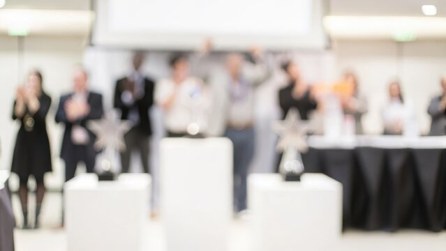 Team Recognition Ceremony Blur: A business awards event with blurred participants clapping and celebrating achievements.
 - Powered by Adobe
