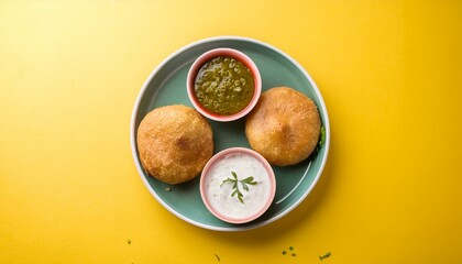Indian traditional dish kachori with chutney on yellow background