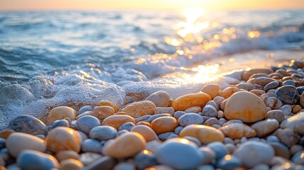 Serene Sunset Seascape Ocean Waves Gently Crashing on Smooth Pebbles Beach