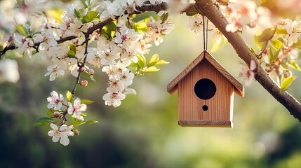 A wooden birdhouse hanging from a tree branch surrounded by blooming flowers