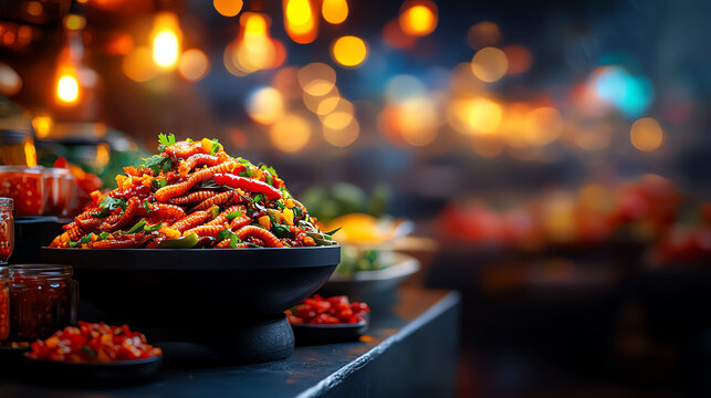Korean Gaebul (live spoon worms) served with spicy sauces on a bustling seafood market table, [Exotic seafood, adventurous dining]