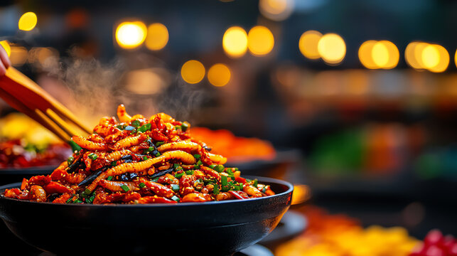 Korean Gaebul (live spoon worms) served with spicy sauces on a bustling seafood market table, [Exotic seafood, adventurous dining]