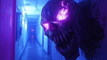 The monstrous face, illuminated with a sinister glow, looms at the end of a surreal corridor bathed in intense purple and blue hues.