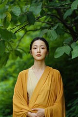 Naklejka premium A woman in a yellow dress is standing in a forest. She is looking at the camera with a serious expression