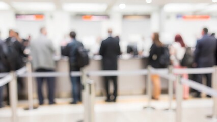 Fototapeta premium Event Registration Kiosk Blur: A corporate event’s check-in area with blurred kiosks and lines of attendees waiting to register. 