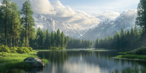 Serene lake reflecting snow-capped mountains with lush green forests and tall pine trees under a cloudy sky at dawn in a national park scene