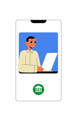Male Character Using Laptop On Smartphone Screen In Flat Vector Illustration Symbolizing Online Banking, Mobile Finance, And Digital Services, Isolated On White Background.