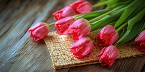 Fototapeta premium Matsah for Passover alongside vibrant pink tulips on a textured wooden surface with natural light highlighting selective focus on flowers