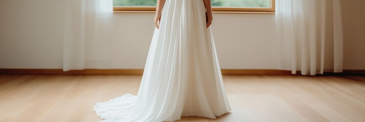 A woman in a white dress stands in front of a window. The dress is long and flowing, and the woman's pose is elegant and poised. The window behind her is open