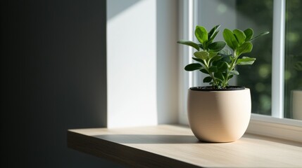 Fototapeta premium Small potted plant sitting on a wooden window sill. the plant is a succulent with green leaves and is in a light beige pot. the pot is round and has a smooth texture.