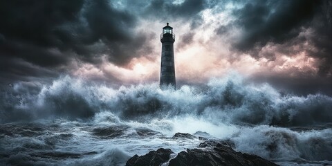 Lighthouse Stands Strong Against Powerful Stormy Waves