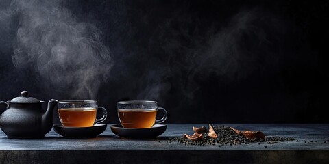 Steam rising from two transparent cups of masala tea with a black teapot and scattered spices against a dark textured backdrop.