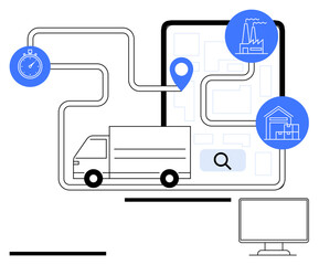 Delivery truck highlighted on a mapped route with location pin, stopwatch, factory, warehouse icons, computer screen. Ideal for logistics, supply chain, tracking, transport time management fleet