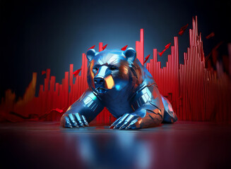 Metallic blue bear statue crouching before a fiery red, abstract background of vertical bars.  The scene evokes power and financial instability.