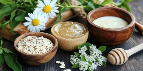 DIY facial mask ingredients in wooden bowls featuring oatmeal honey yogurt surrounded by green leaves and daisies on a rustic wooden surface