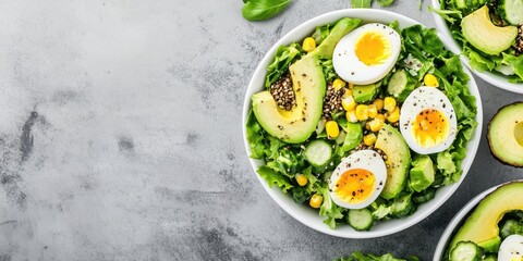 Vibrant nourishing salad with avocado lettuce corn and quail eggs in white bowls on a textured grey background ample negative space for text