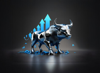 Obraz premium A chrome bull, symbol of financial strength, stands proudly against a dark background. Blue upward arrows highlight growth and prosperity. Metallic liquid pools beneath it.