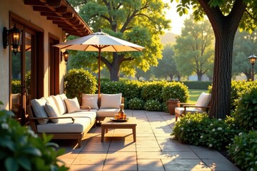 Fototapeta premium Sun-drenched patio with comfortable seating, shared drinks, garden, nature, scenic