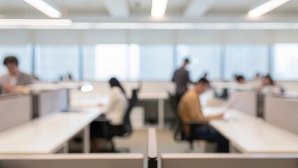 Fototapeta premium Open Space Collaboration Blur: A modern open-office space with blurred coworkers interacting around communal desks. 