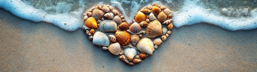 Heart shape made of seashells on the beach.