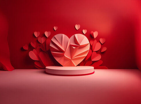 A geometric coral heart takes center stage on a minimalist white podium against a rich red backdrop.  Surrounding it, smaller paper hearts add a touch of romance.