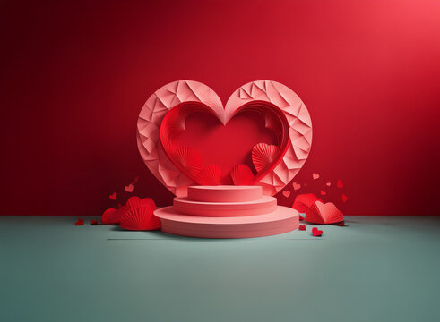 A large heart-shaped frame encloses a smaller heart on a pink, three-tiered podium.  Small hearts scatter around, set against a red and teal backdrop.  The scene is romantic and visually appealing.