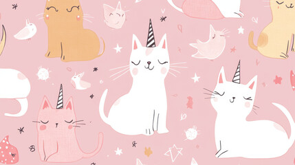 Cartoon cute caticorn cat and kitten characters seamless pattern. Kawaii unicorn cat, fairy caticorn or magical kitten cute personage vector pattern. Fantasy creature textile seamless background