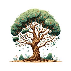 Naklejka premium Artistic tree with twisted branches, textured green foliage, small fruits, and natural base isolated on white background