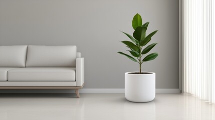 Modern living room with a white sofa on the left side and a large window on the right side. the floor is made of light-colored tiles and the walls are painted in a light grey color.