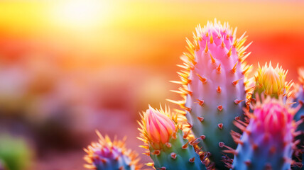Colorful cactus flowers blooming at sunrise in desert landscape with vibrant background hues