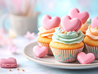 Delicious Heart-Shaped Cupcakes with Colorful Frosting and Macarons on a Plate