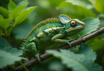 Fototapeta premium A chameleon blending into its surroundings among leaves