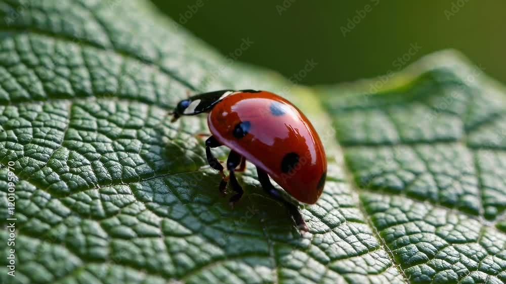 Poster close-up view of a ladybug crawling on a green leaf in a garden during springtime