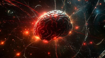 A digital brain fused with a human brain surrounded by glowing pathways depicting the convergence of artificial and human intellect