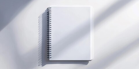 Minimalist top view of a blank white spiral notebook on a white desk casting a soft gray shadow enhancing simplicity and elegance