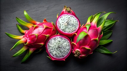 Fresh Dragon Fruit Aerial View, Tropical Pitaya Top Shot, Black Background, Copy Space