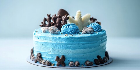 Maritime themed blue cream cake with chocolate decorations and starfish shape, set against a soft light pastel background, vibrant colors and textures.